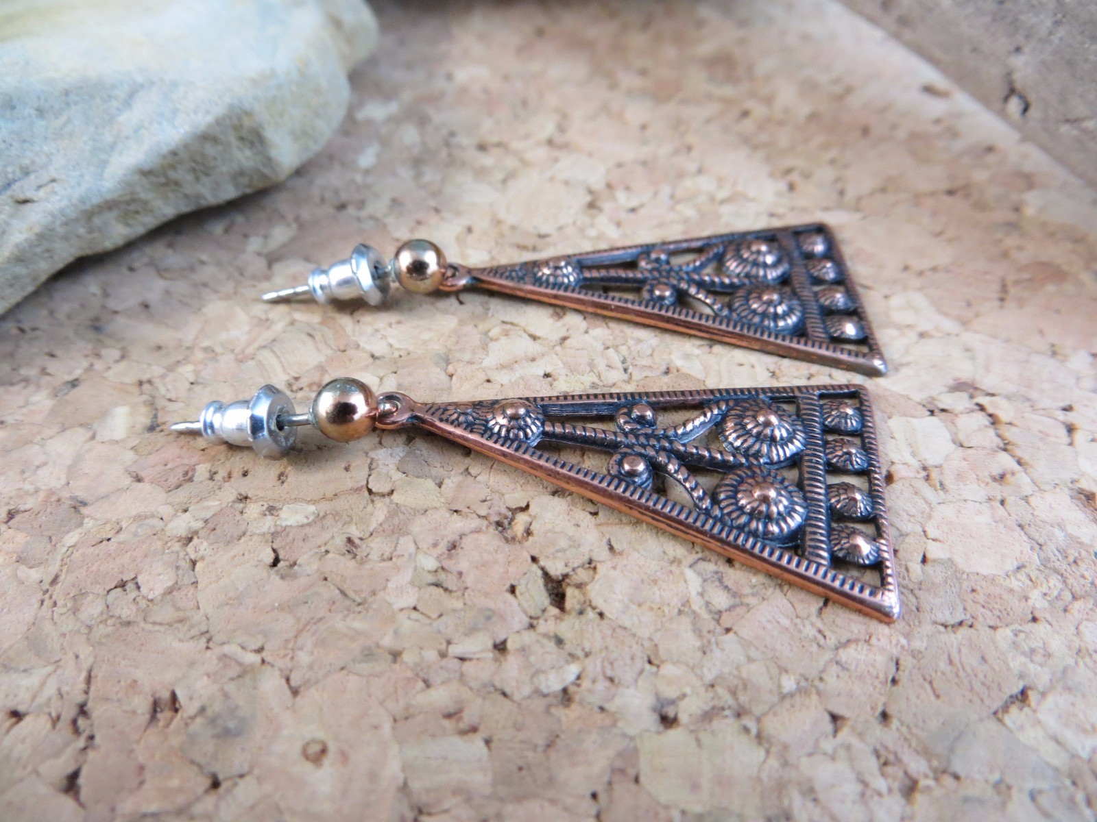 Vintage Copper Studded Triangular Dangle Post Ear… - image 2