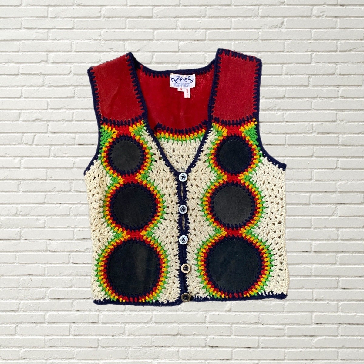 Vintage 70s Suede Patchwork Crochet Hippie Vest - Harpees Size Xs