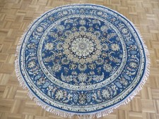 6 x 6 Round Hand Knotted Blue Fine Nain With Silk Oriental Rug G14801