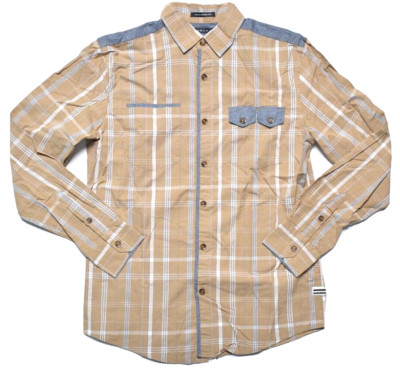Sean John Mens Button Up Shirt Tailored Fit LS Beige Navy Plaid Small Y2K