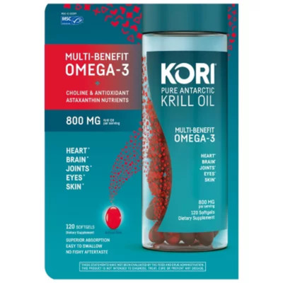 Kori Pure Antarctic Krill Oil 800 mg - Multi-Benefit Omega-3 Softgels, 120 Count
