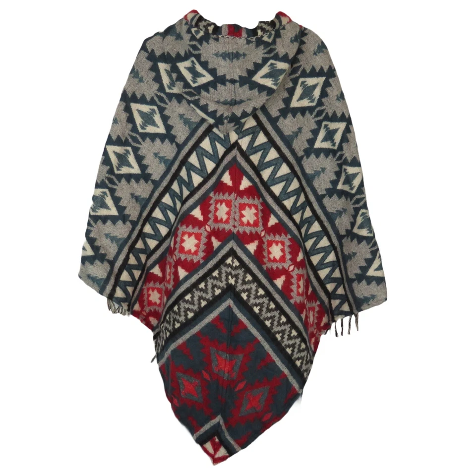 Poncho|2 Botones| Flecos| Capucha+Bolsillo | Boho | Azteca | Mezcla de Lana Yak|1 Talla| Verde azulado Foto 3 de 4