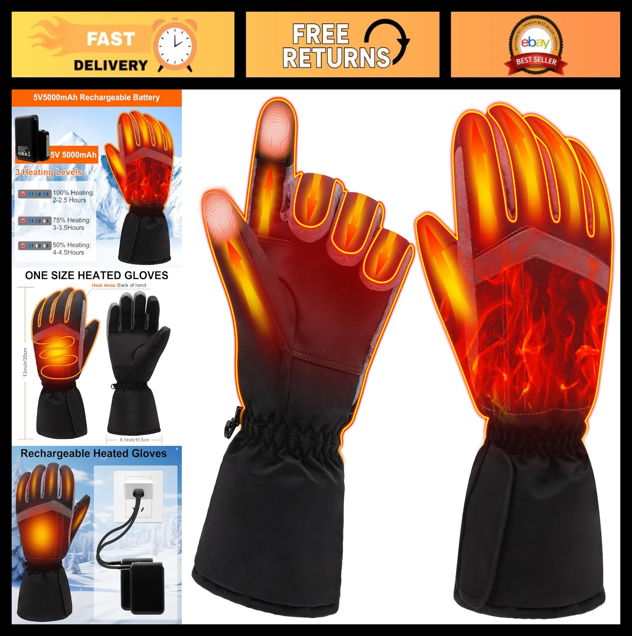 Rechargeable Heated Gloves 5V 5000mAh Waterproof Touchscreen Winter Hand Warmers