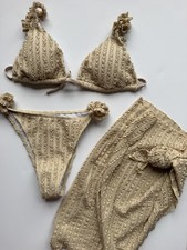 Swimsuit Textured Bikini Set 3 Pc Ruffle Strap Triangle Top Sarong Cheeky Sz L