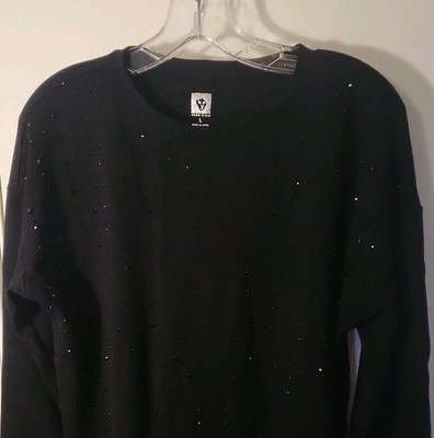 Anne Klein Black Beaded Knit Pullover Sweater Crew Neck Long Sleeve Size L