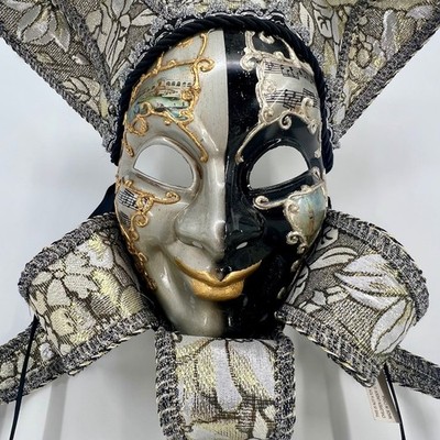 Venetian Jester Masquerade Mask Black Gold Silver Music Venice Scenes M8089