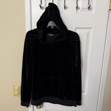Juicy Couture Y2K Velour Pullover Hoodie Womens Large Black Sweatshirt Studs
