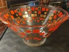 MCM Anchor Hocking Glass Bowl Large Fluted Gold Red Orange Squares Heavy Mod 60s