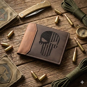 Punisher Skull US Leatherette Bifold Wallet Skull American Flag Engraved  Wallet