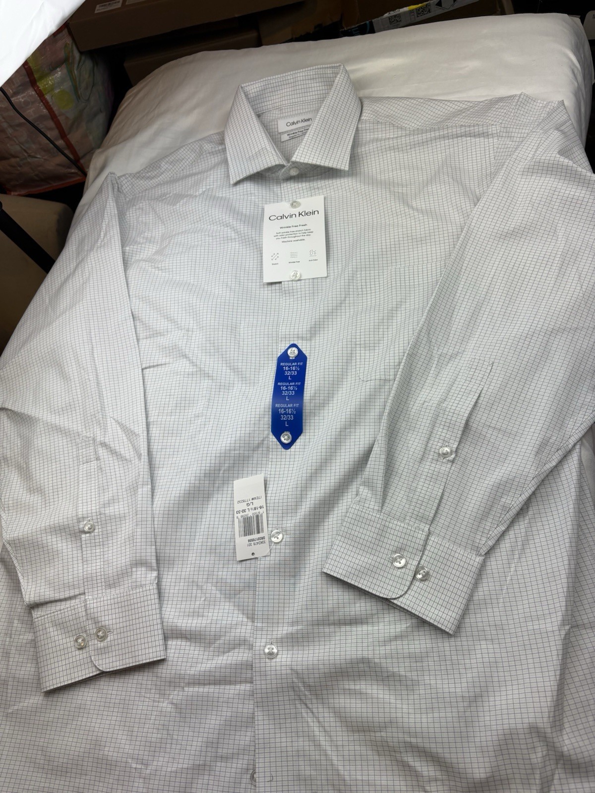 Calvin Klein Men's L White Gray Check Regular Fit Stretch Dress Shirt 16-16.5 thumbnail 4