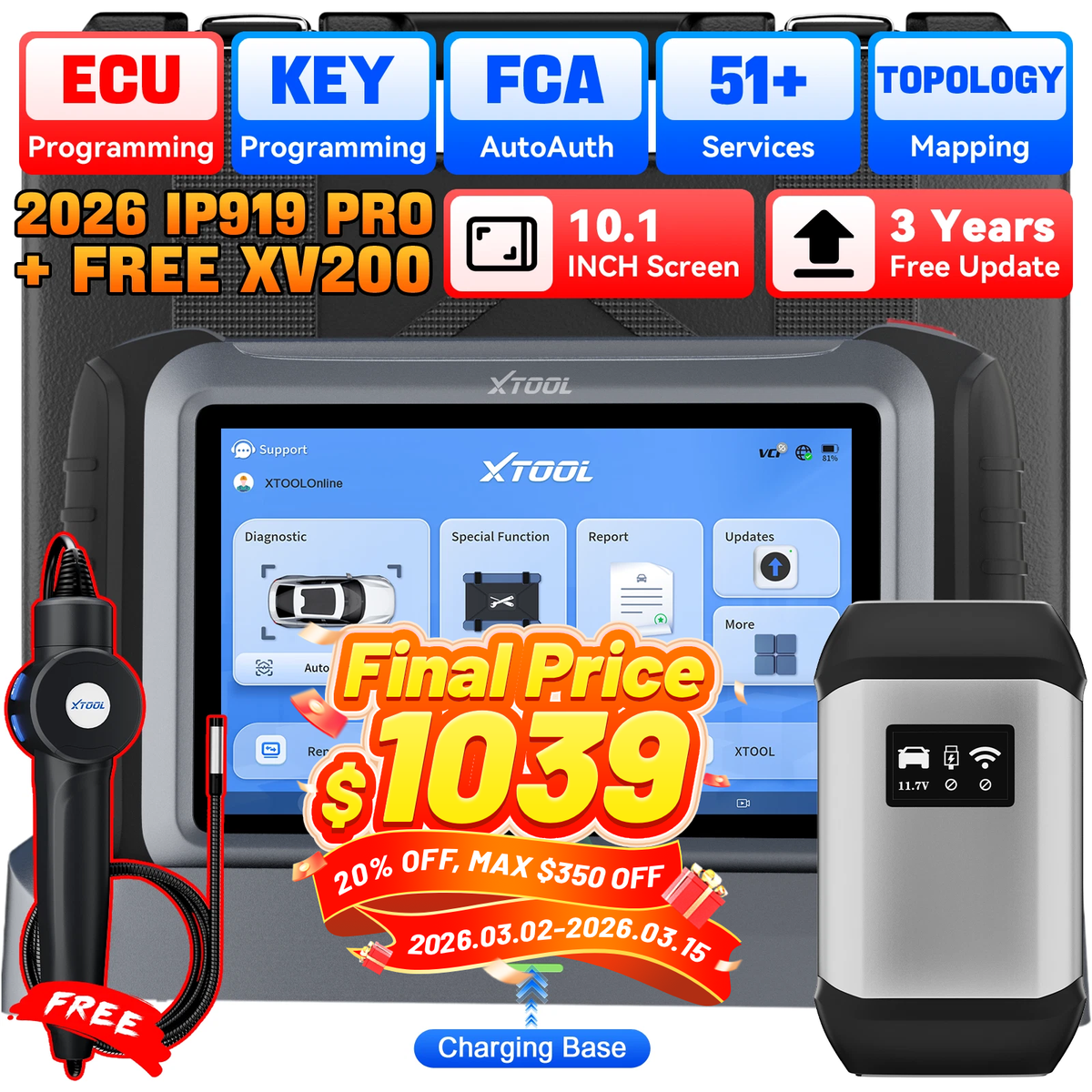 XTOOL IP919 PRO Auto Scanner +XV200 Endoscope Diagnostic Tool ECU