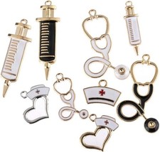 BWESOO 9Pcs Nurse Theme Charms Pendant Gold Plated Enamel Small,