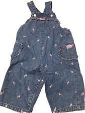 Vintage Faded Glory Baby Girl Denim Overalls w/ Embroidered Flowers 6-9 Months