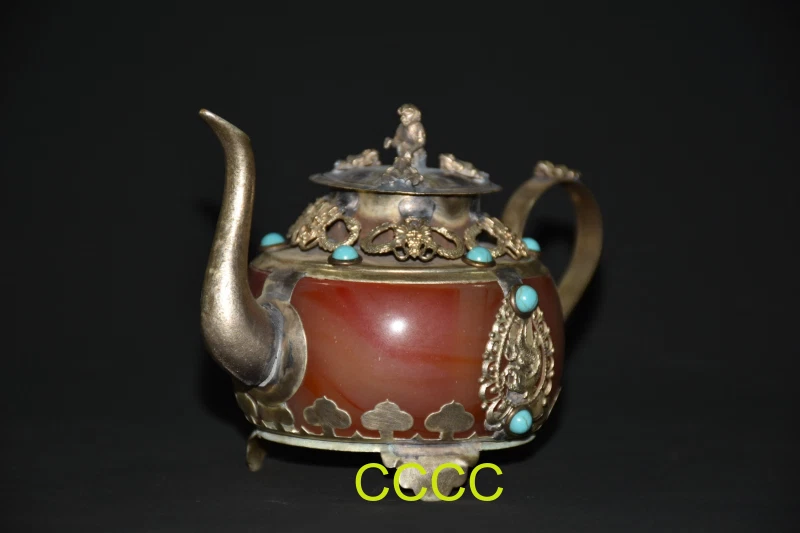 Exquisita olla de vino con mango de extremo de piedras preciosas de pino verde con incrustaciones de cobre plateado de China Foto 3 de 4