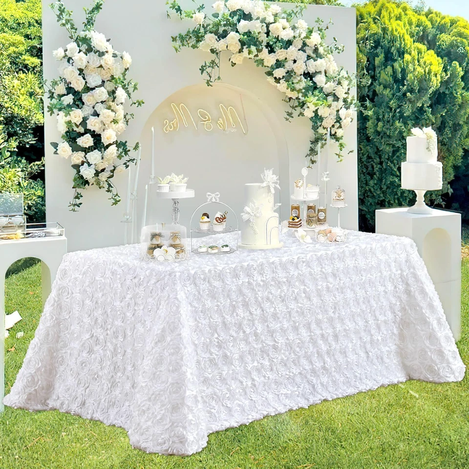 B-COOL Rosette Tablecloth: Rectangular White Table Covers 3D Floral Satin - Image 3 of 4