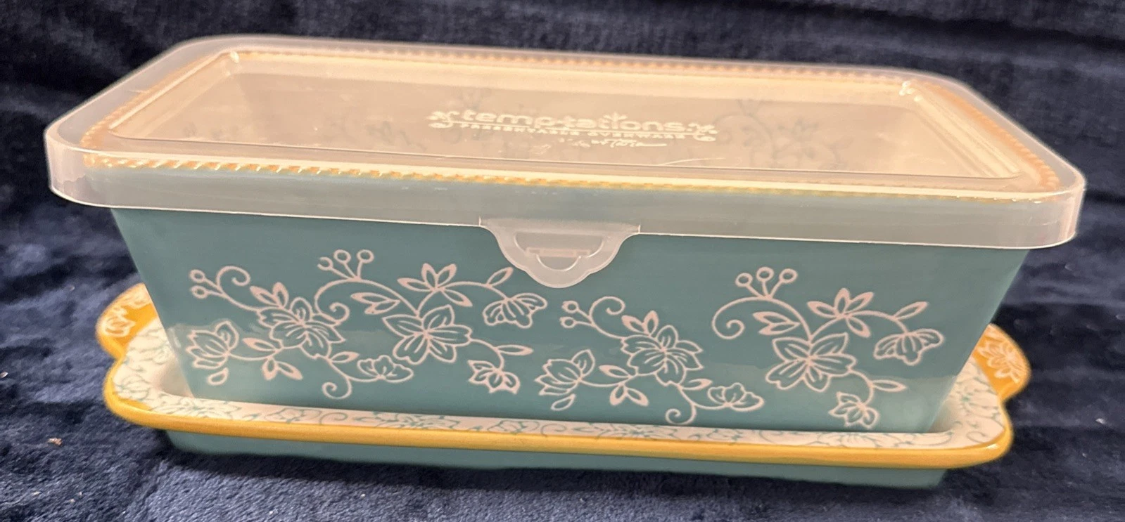 Temptations by Tara Teal Floral Lace 1qt Loaf Dish with Lid & Tray - RARE