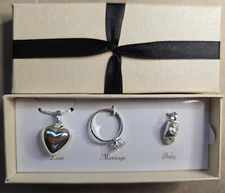 "Joys of Life" Set of 3 Silver tone Charms Love Marriage & Baby by AVON Gift Box