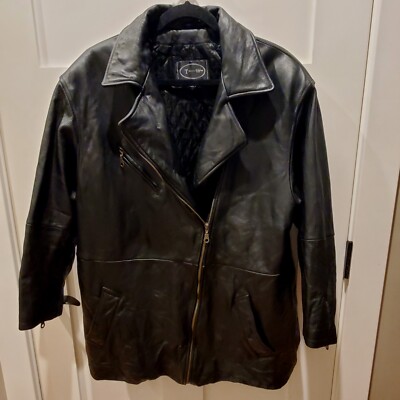 VINTAGE Tannery West Moto Jacket Mens Large Black Leather Asymmetric 80s 90s