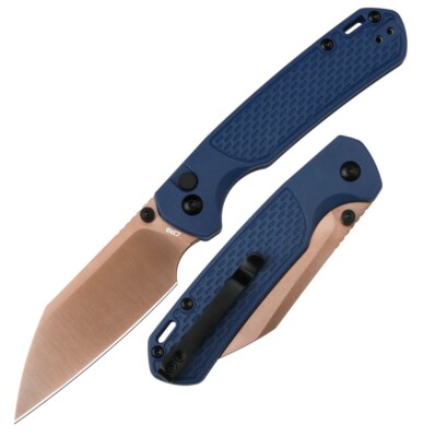 CJRB Messer Pyrite-Light Button Lock Rose Gold Blade FRN Blue 