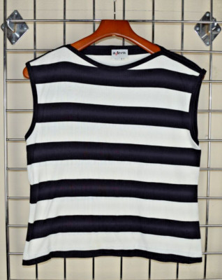 Tank Shirt VTG 70s 80s Aileen Black White Bold Stripe Boat Neck Tank Shirt  Sz L