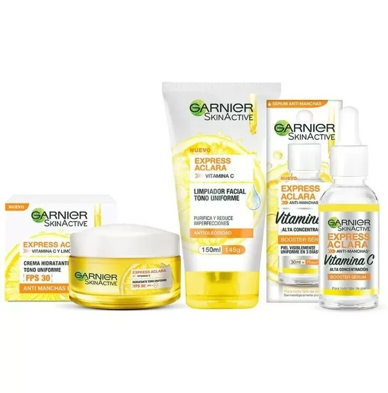 GARNIER SKIN ACTIVE/EXPRESS ACLARA/VITAMINA C/LIMPIADOR+SUERO+CREMA/ANTI MANCHAS
