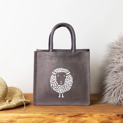 COOCOO Jute Hessian Lunch / Gift Grey Shopping Bag / Small Shopper - White Sheep Motif