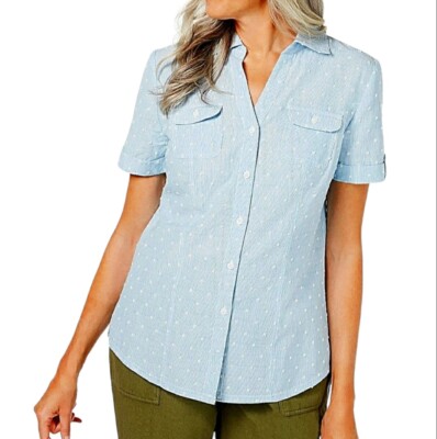 Karen Scott Shirt Blue Chambray Swiss Dot Short Sleeve Button Up NWT Women 1X