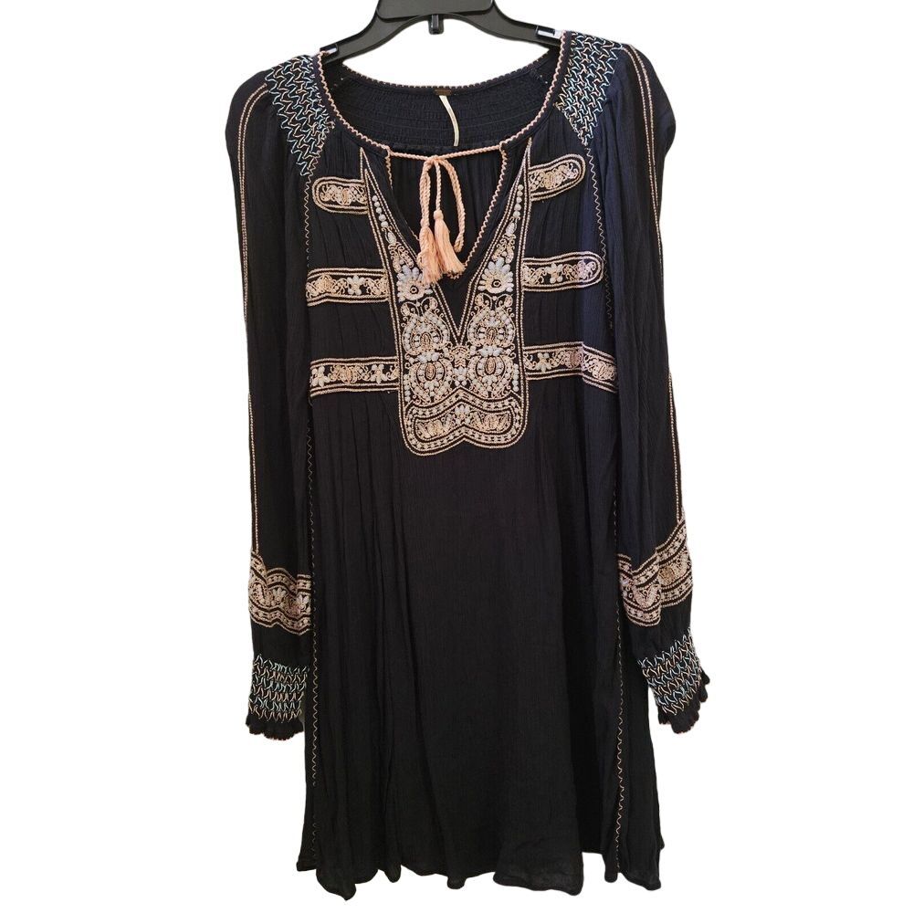 Free People Wind Willow Embroidered Mini Dress Black XS Boho
