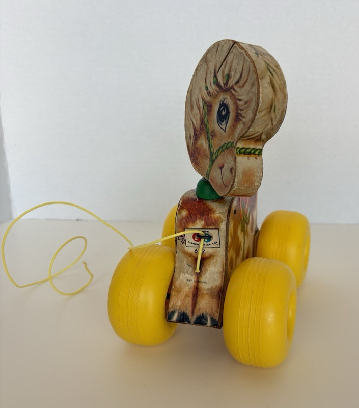 Fisher-Price Vintage 1965 Wooden Pull Toy Horse w/ Yellow Wheels & Pull String