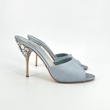 Miu Miu Blue Satin Rhinestone Crystal Embellished Peep Toe Mule Heels Vintage 38
