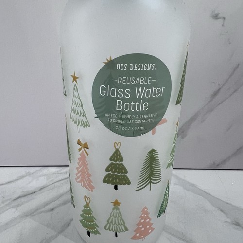 OCS DESIGNS BOTELLA DE AGUA DE VIDRIO REUTILIZABLE ÁRBOLES DE NAVIDAD 25 oz PAJA NUEVA AUTÉNTICA - Imagen 2 de 7