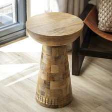 Mango Wood Pedestal Side Table Round Wooden Drum Lamp Plant End Stand Furniture