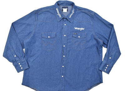 Wrangler Western Denim Shirt Men XXL Blue Long Sleeve Snap Embroidered Logo