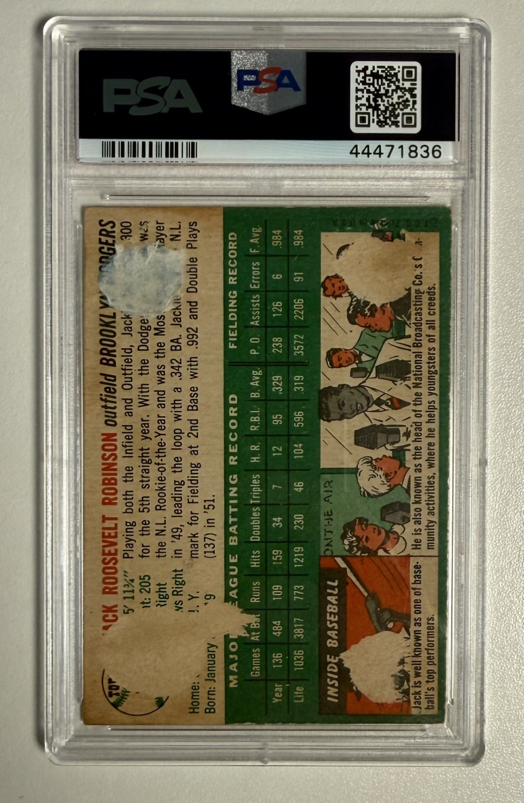 1954 Topps Jackie Robinson PSA 2 SEE PHOTO of Back of Card view 2