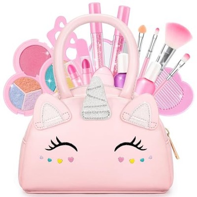 Kids Washable Makeup Kit with Unicorn Purse - 18 Pcs Non-Toxic Play Makeup Toys