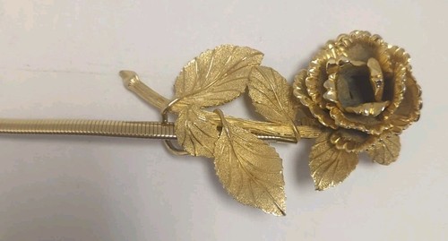 Vintage 80s Accessocraft NYC 24” Skinny Stretchy Gold Tone Flex Belt w/ROSE - Picture 2 of 7