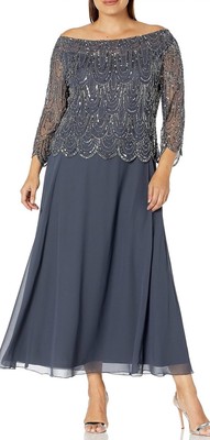 J Kara Women's Plus Size  Scallop Beaded Pop Over Gown Size 20W Grey