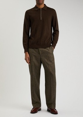 NN. 07 Sergio Zip Polo Pull Over Sweater Brown 100% Wool Men's M - MSRP $195