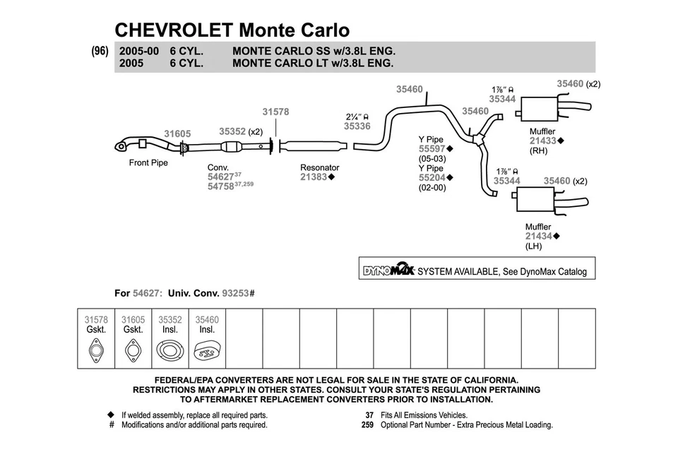 For Chevy Monte Carlo 2000-2002 Walker 55204 Aluminized Steel Exhaust Y-Pipe Foto 2 de 3