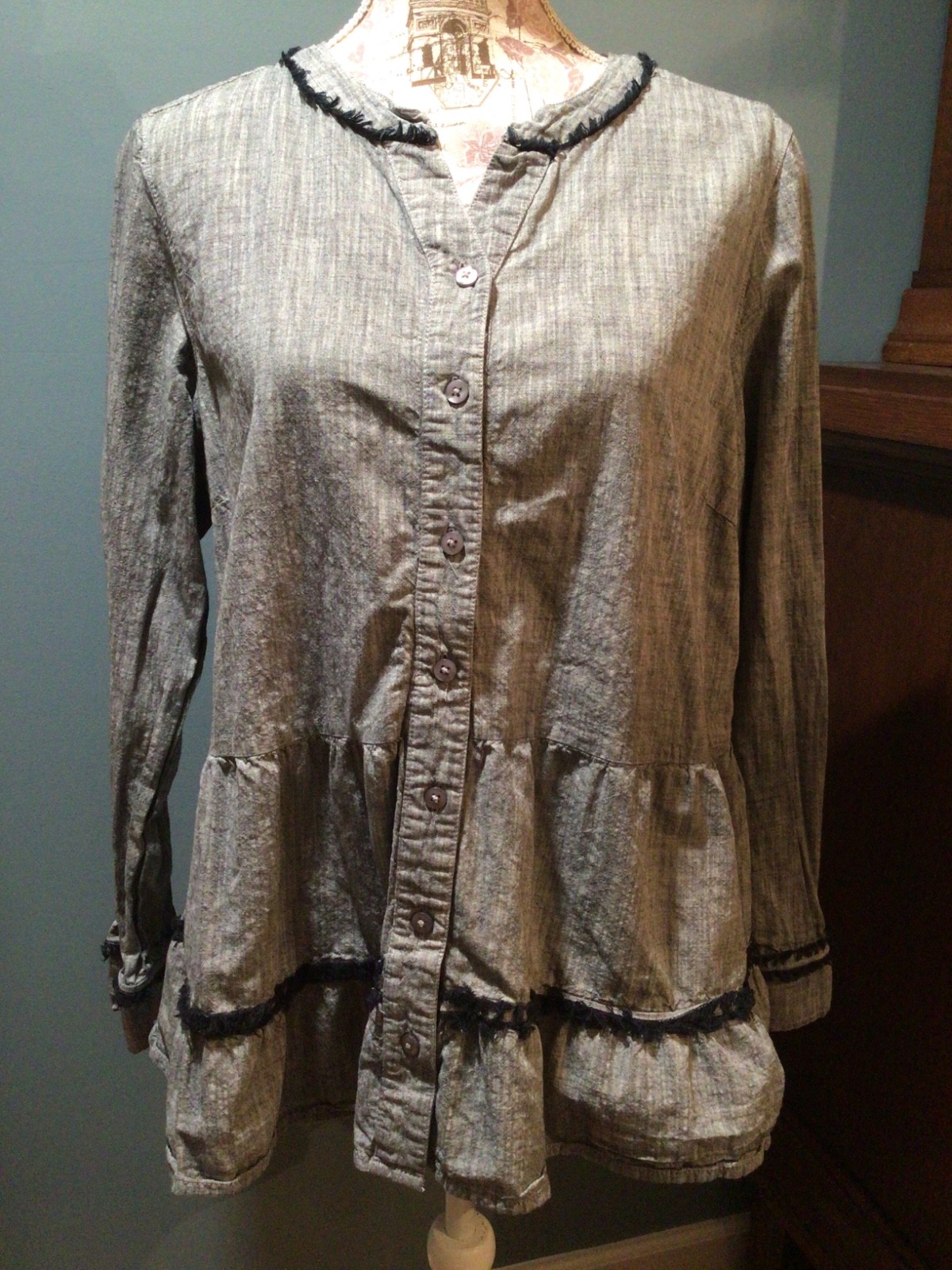 LOGO W-Large Button Front Tiered Chambray Blouse … - image 1