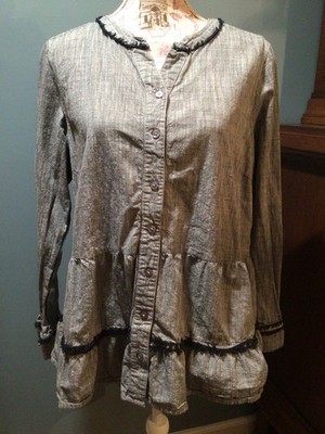W-L Tiered Chambray Blouse Fun Trendy Cottage Y2K Boho LOGO Unique Button Front