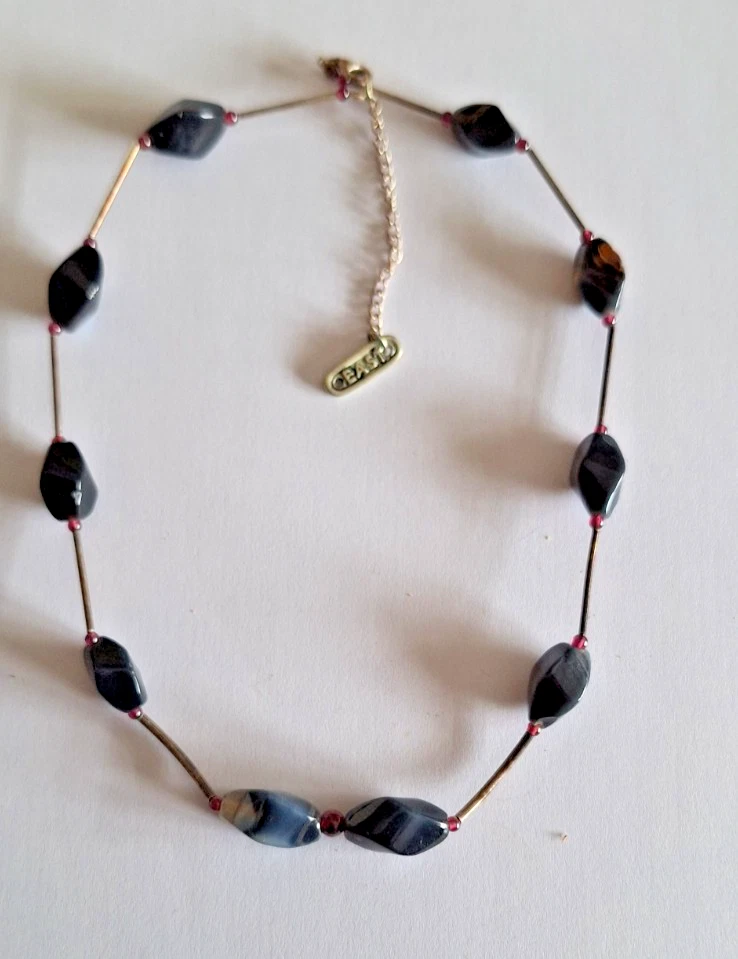 Vintage EAST Black Agate Faceted Bead Silver Tone Bohemian Bar Necklace - Image 1 of 4