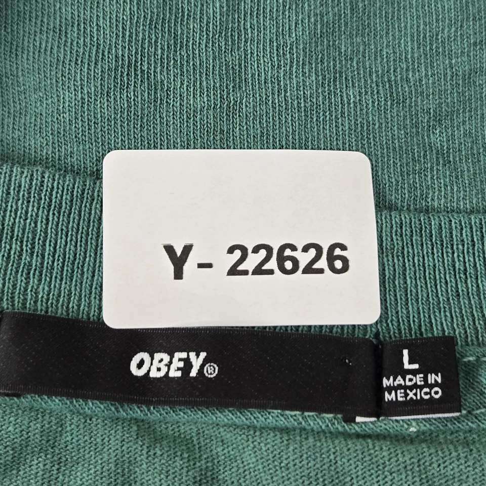 Obey Men Shirt L Green Graphic Print Rose Script Logo Long Sleeve - Image 2 of 4