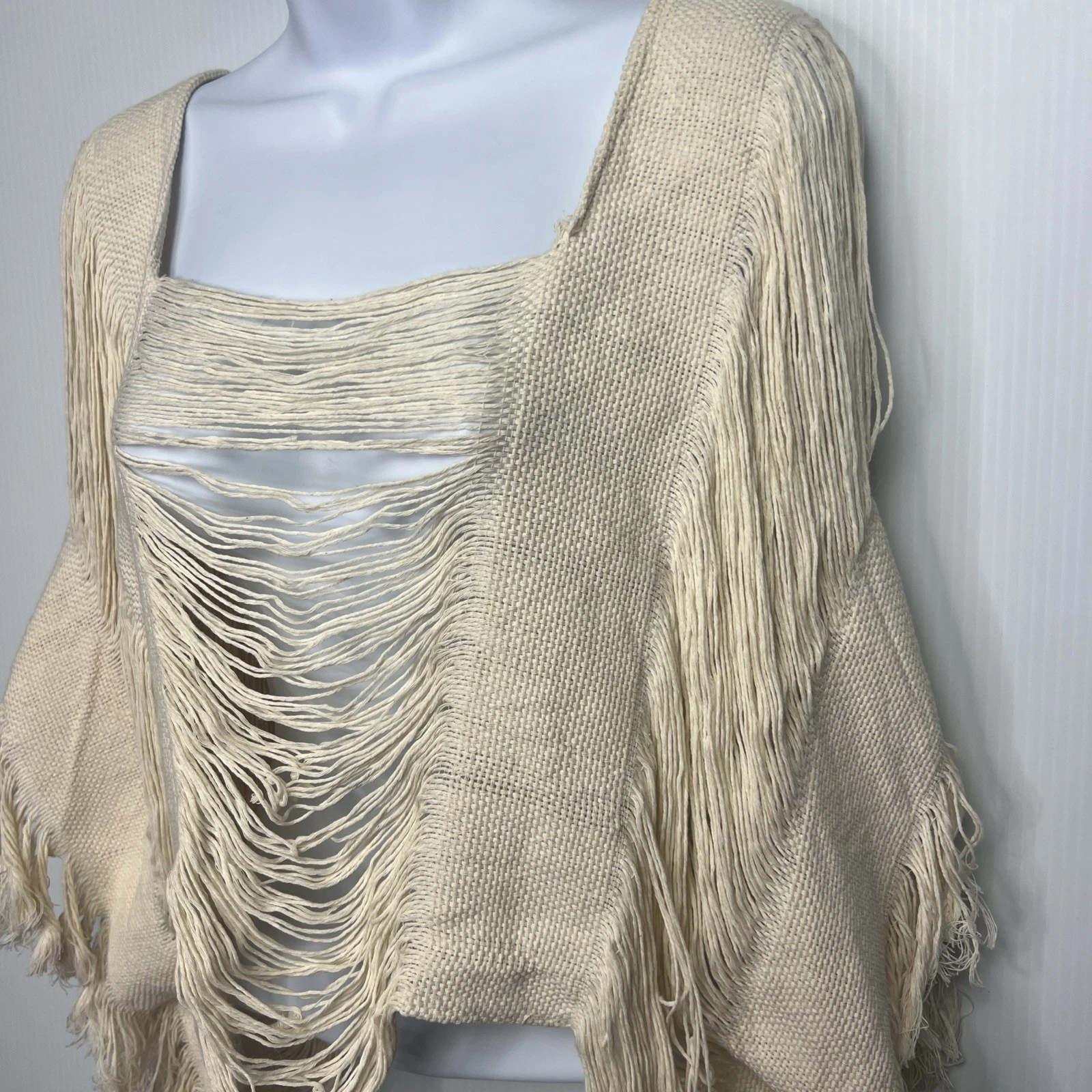 Boho Fringe Poncho Woven Open Weave Festival Hippie Beach Cover Up Ivory O/S