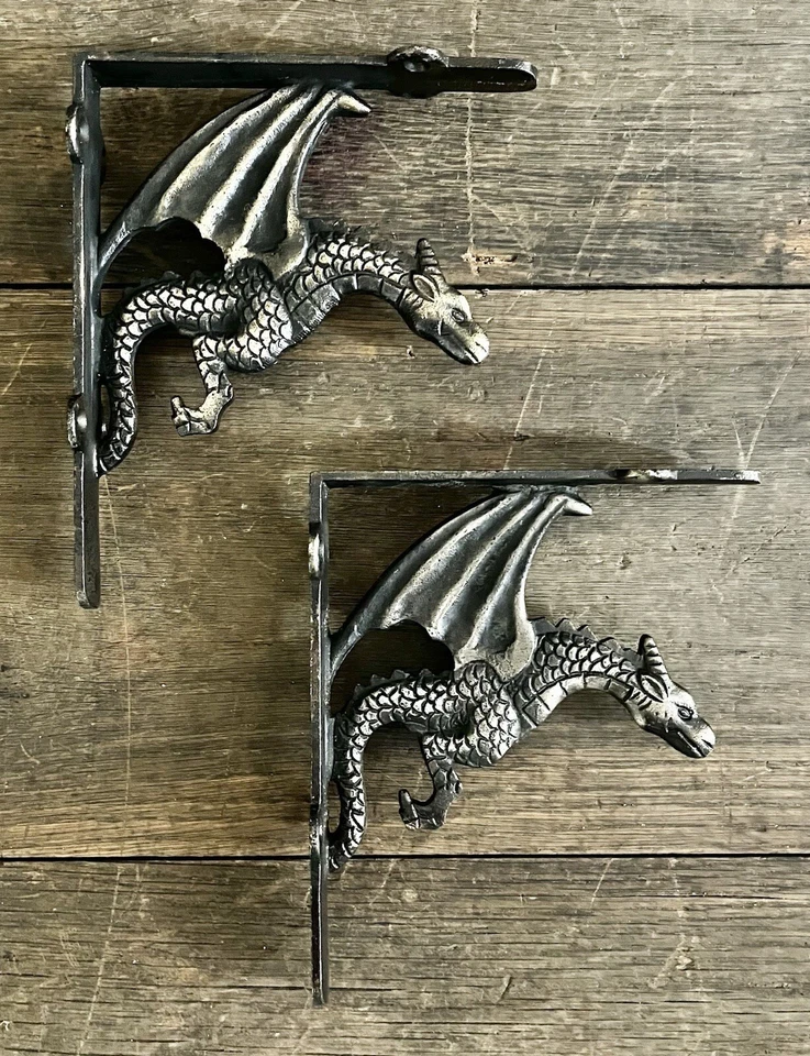 "Par de soportes de estante de dragón mítico de hierro fundido, 7"" x 6""" Foto 2 de 2