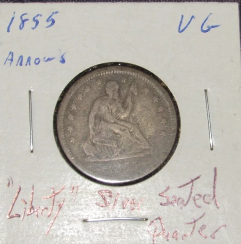 1855 P Silver Seated Liberty Quarter- Phil. Mint VG Details w/ Arrows "No Motto