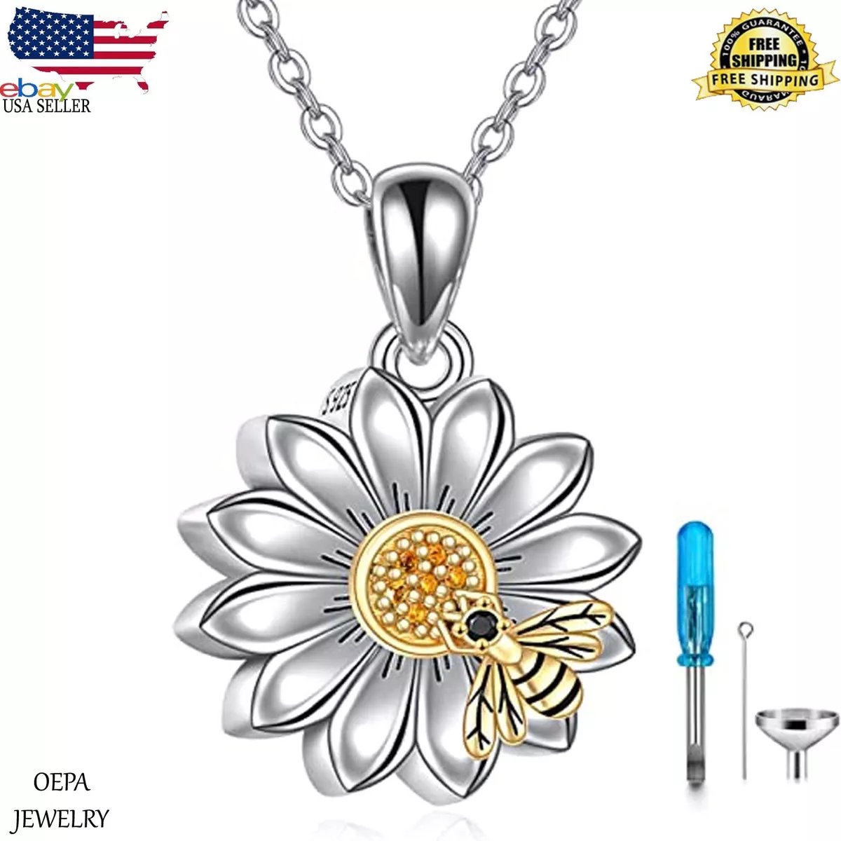 Sunflower Urn Necklace for Ashes 925 Sterling Silver Sunflower Bee