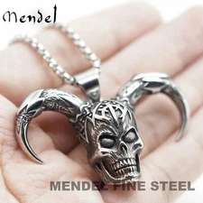 MENDEL Mens Gothic Biker Joker Clown Skull Pendant Necklace Stainless Steel Set