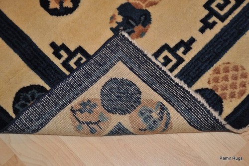 ANTICO TAPPETO CINESE 2' 7" X 4'3" tappeto orientale cinese, fatto a mano, blu e beige - Foto 10 di 12