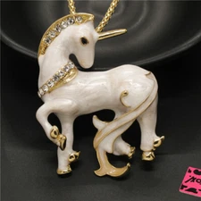 New Fashion Women Lovely White Enamel Unicorn Crystal Pendant Chain Necklace